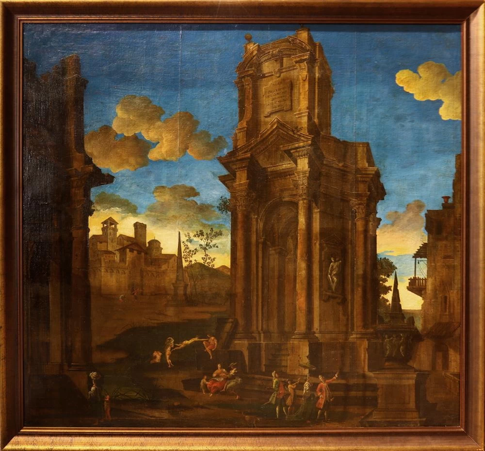 Capriccio con al centro i resti della facciatadi una chiesa